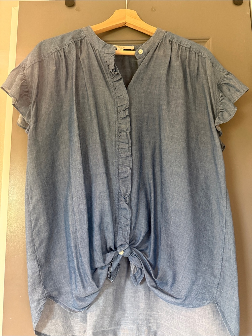 LOFT Light Blue Chambray Tie-Front Ruffle Blouse
